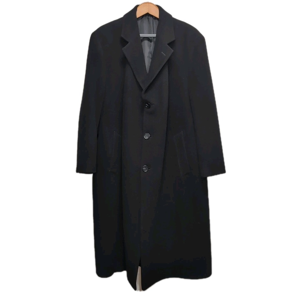 Vtg Tom James Lambswool Overcoat Mens‎ 46R Black Long Single Breasted Top Coat